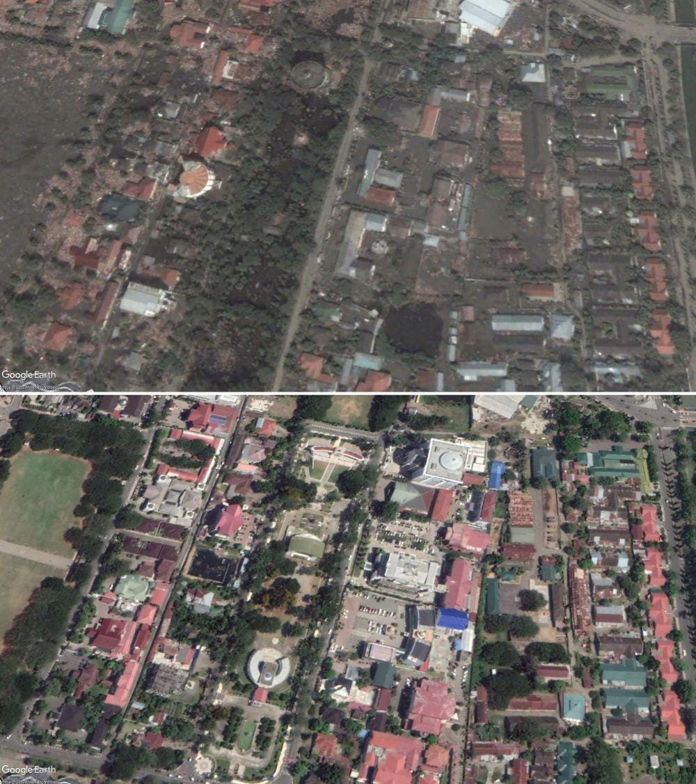 Potret satelit dulu dan sekarang Kota Banda Aceh pasca diterjang tsunami (Google Earth Pro)