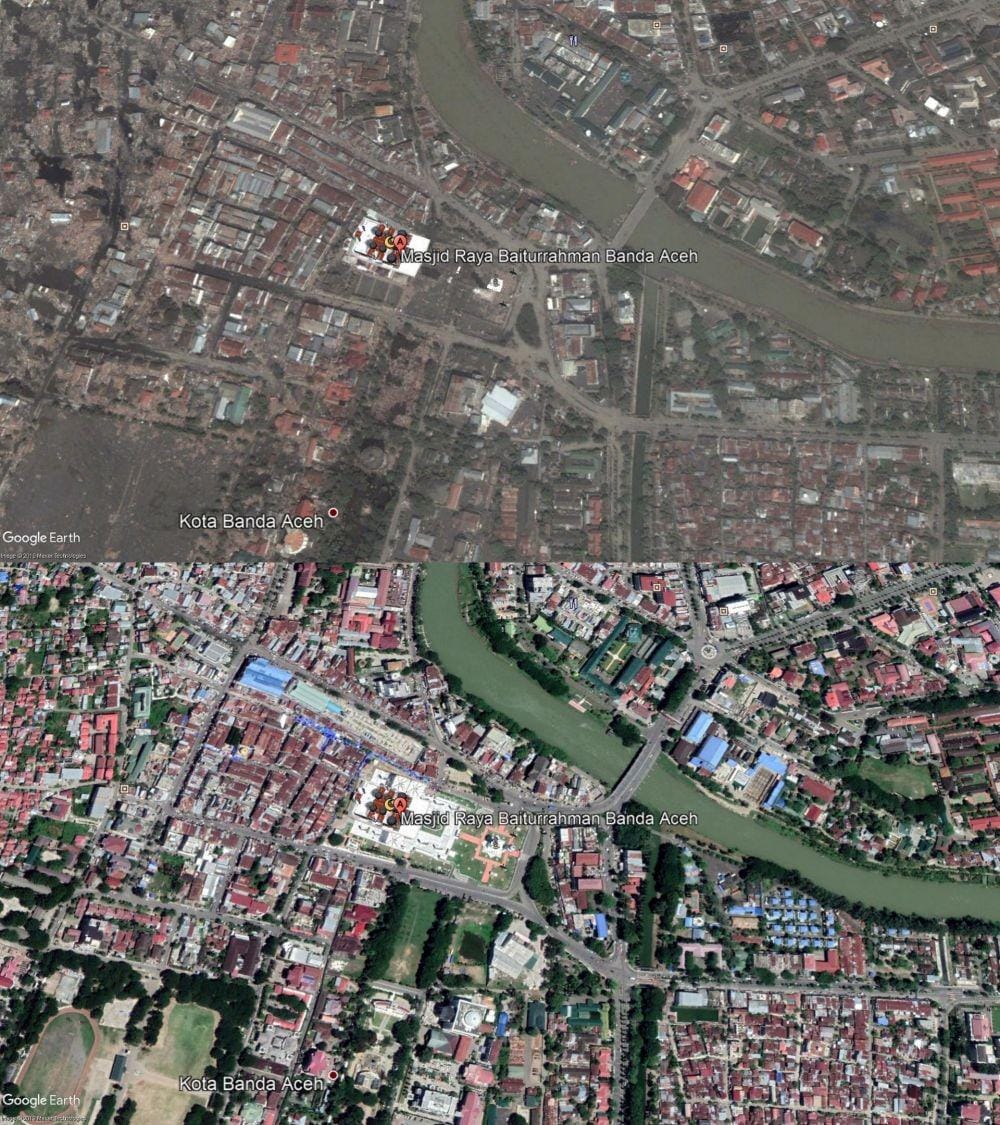 Potret satelit dulu dan sekarang Kota Banda Aceh pasca diterjang tsunami (Google Earth Pro)