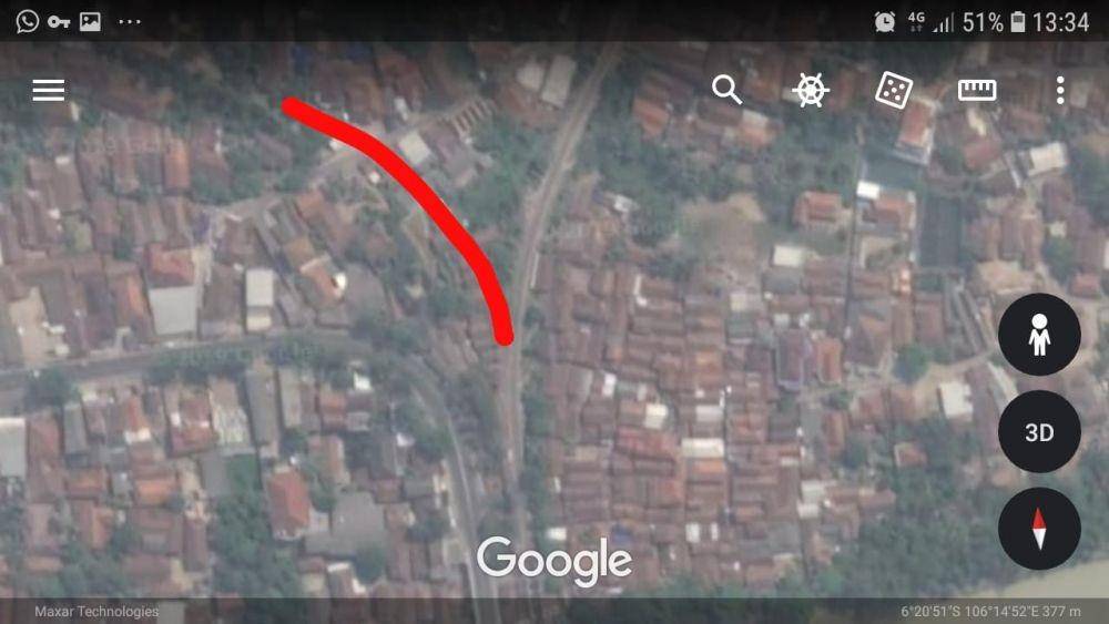Jalur KA mati yang dari percabangan Rangkasbitung-Merak (Google earth)