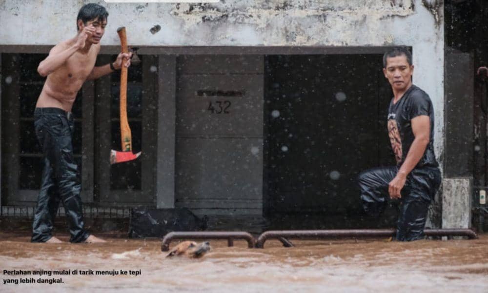 (Petugas damkar Depok tengah menyelamatkan anjing terendam banjir) www.instagram.com/@galaindiga