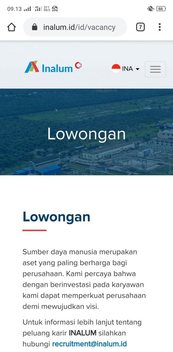 Pengumuman lowongan hanya di website Inalum (Inalum.id)