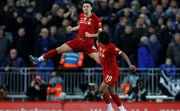 Curtis Jones merayakan gol cantiknya ke gawang Everton. telegraph.co.uk