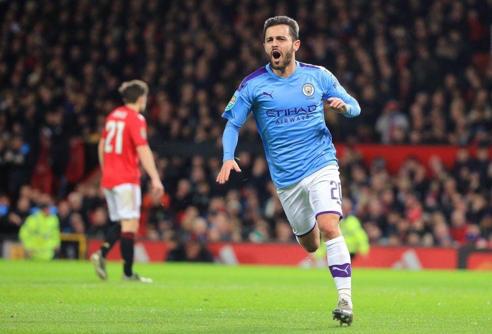 Bernardo Silva merayakan golnya ke gawang Manchester United di Piala Carabao, Rabu (8/1) dini hari tadi. Twitter/@punditjay