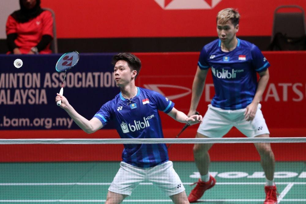 Pasangan Kevin Sanjaya Sukamuljo/Marcus Fernaldi Gideon di Malaysia Masters 2020 (IDN Times/PBSI)