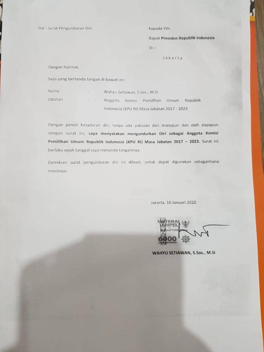 Surat pengunduran diri Wahyu Setiawan (Dok. Istimewa)