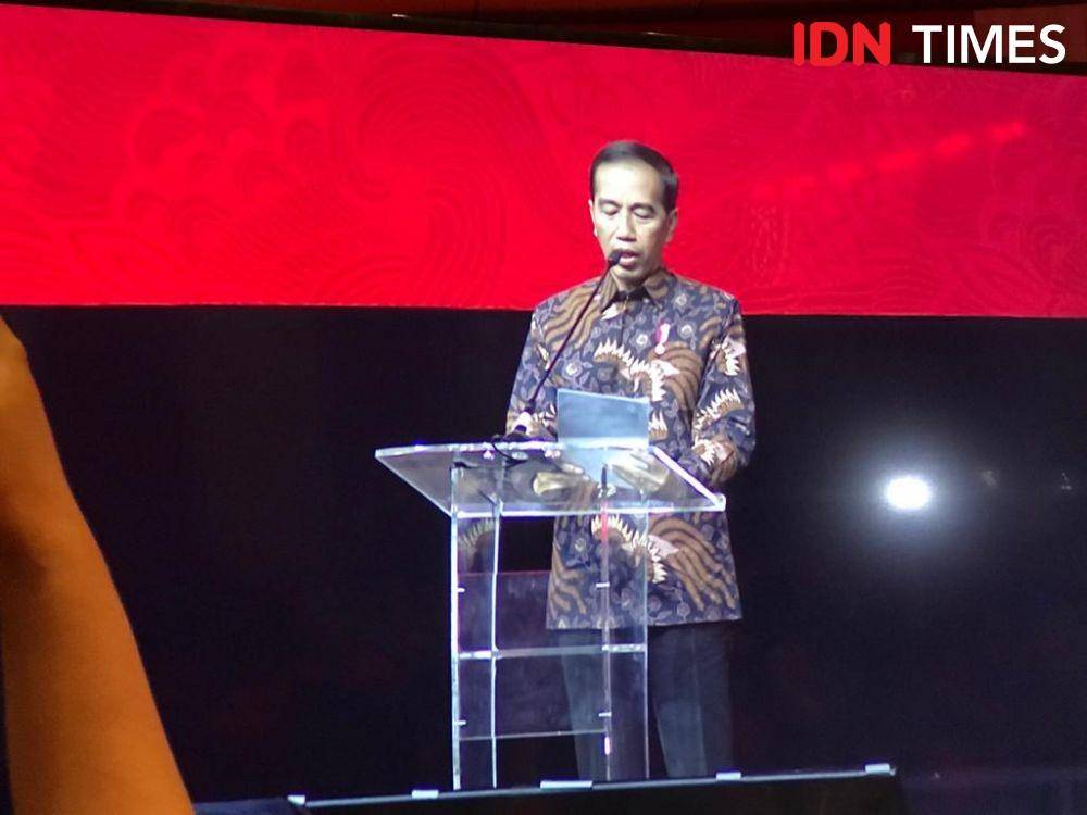 Presiden Jokowi saat menghadiri rakornas PDIP, di Kemayoran, Jakarta Pusat, Jumat (10/1). (IDN Times/Teatrika Handiko Putri)