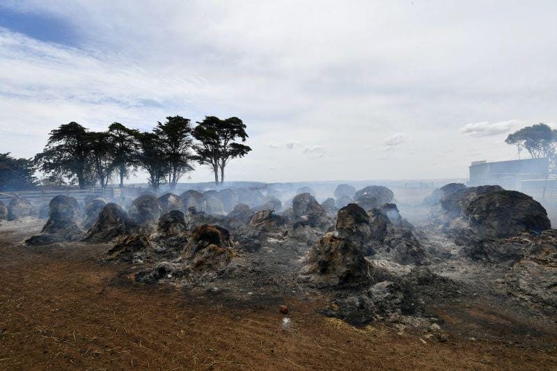 Asap terlihat dari pembakaran jerami di Kangaroo Island, barat daya Adelaide, Australia, pada 10 Januari 2020. ANTARA FOTO/AAP Image/David Mariuz/via REUTERS