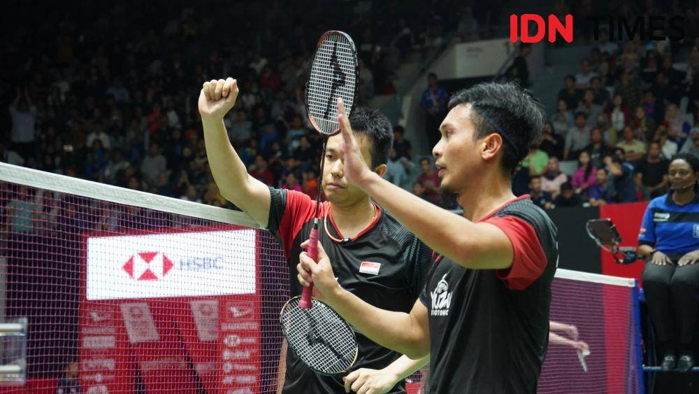 Pasangan ganda putra Indonesia, Hendra Setiawan/Mohammad Ahsan di Indonesia Masters 2020. IDN Times/Kevin Handoko