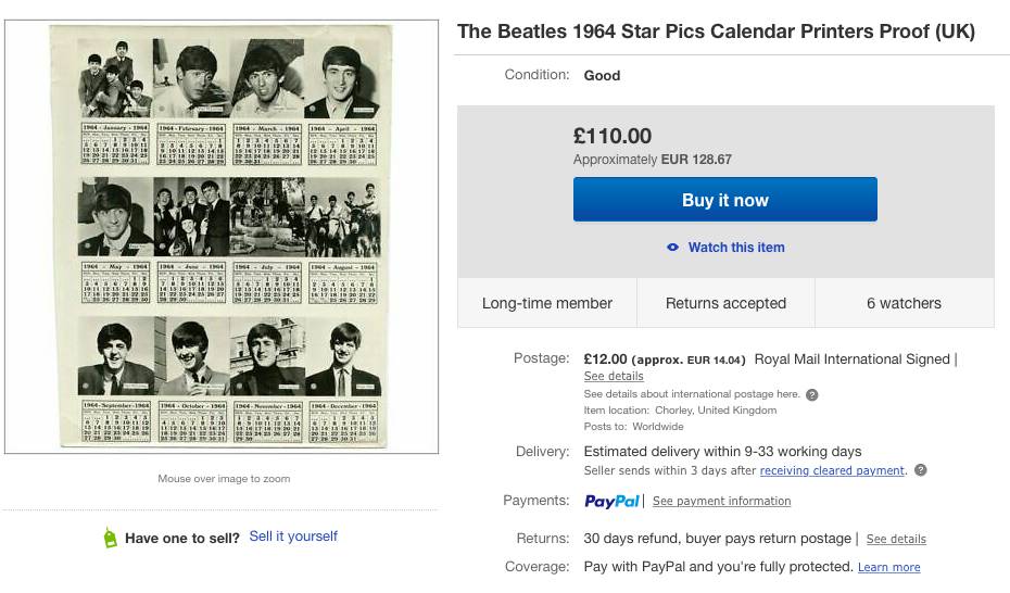 Kalender The Beatles tahun 1964 dijual Rp1,9 juta. Ebay.com