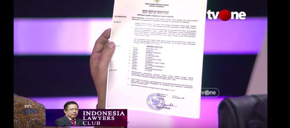 (Dokumen surat perintah penyelidikan KPK yang ditunjukkan Masinton Pasaribu) Tangkap layar tvOne