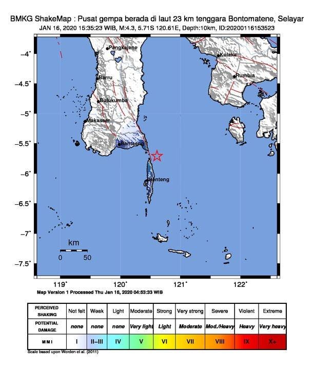 Titik pusat gempa di Kepulauan Selayar. Dok. BMKG