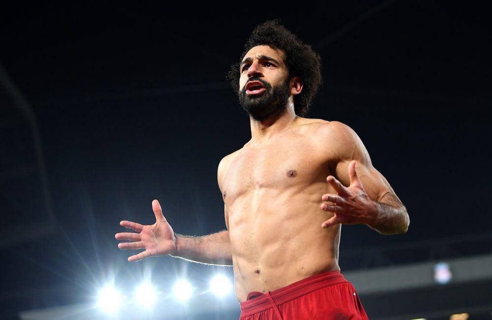 Bintang Liverpool, Mohamed Salah, usai mencetak gol ke gawang Manchester United, Senin (20/1) dini hari. Twitter/@Goal