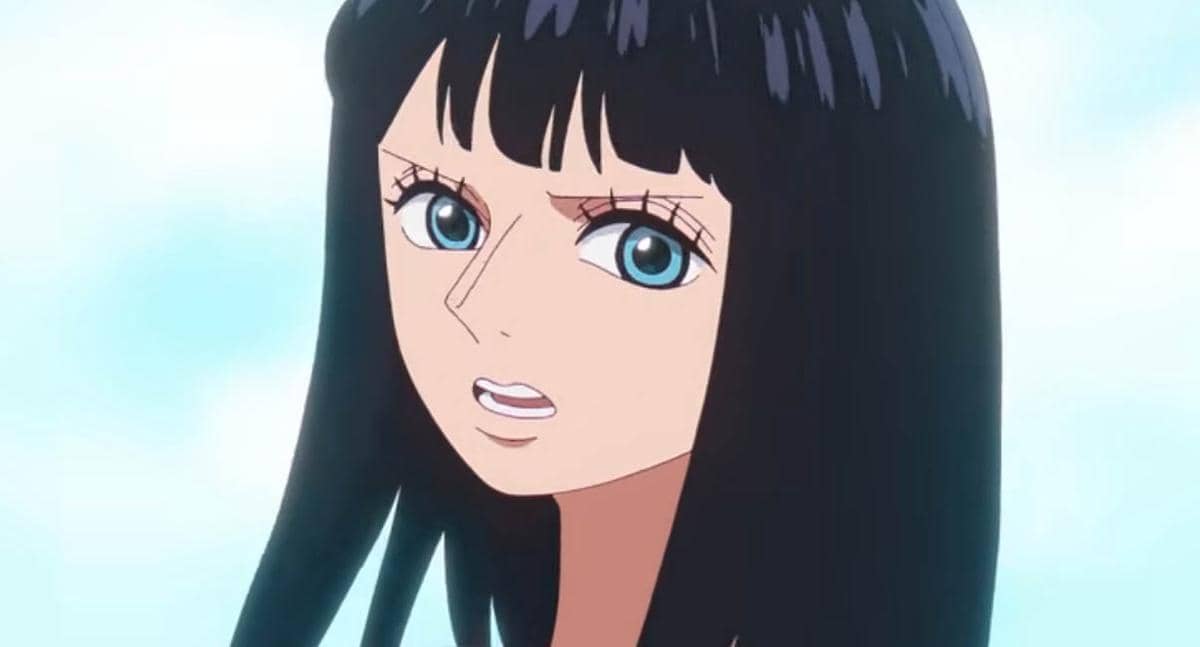 Karakter anime berambut hitam panjang dengan ekspresi wajah terkejut, berlatar langit cerah berwarna biru muda.